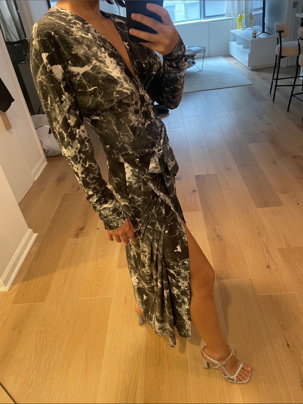 Norma Kamali Black and White Marble Print Maxi Dress